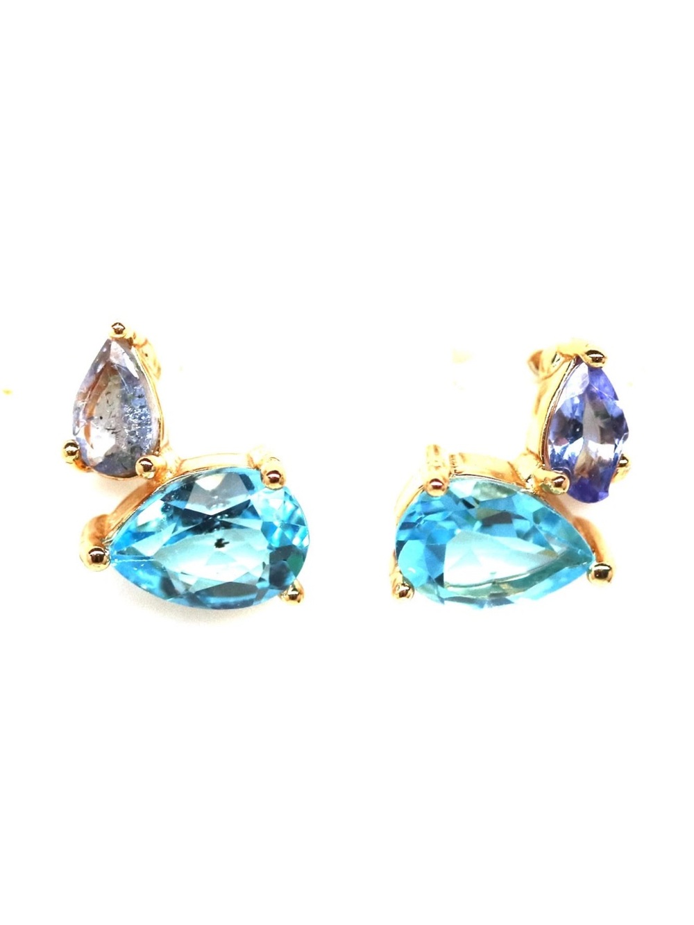 Stunning Natural Sky Blue Topaz and Tanzanite Stud Earrings 14K Yellow Gold
